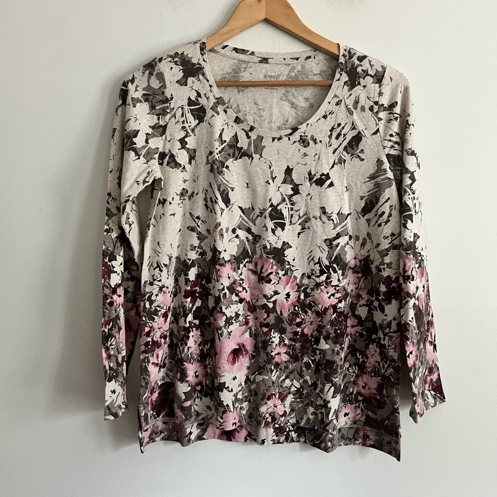 Pure Jill Cotton Floral Print Hi Low Scoop Neck Long Sleeve Top
